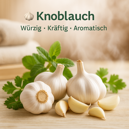 Duft Knoblauch als Moodbild in Saunaholzoptik mit Abbildung von Duftbestandteilen