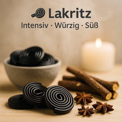 Duft Lakritz als Moodbild in Saunaholzoptik mit Abbildung von Duftbestandteilen