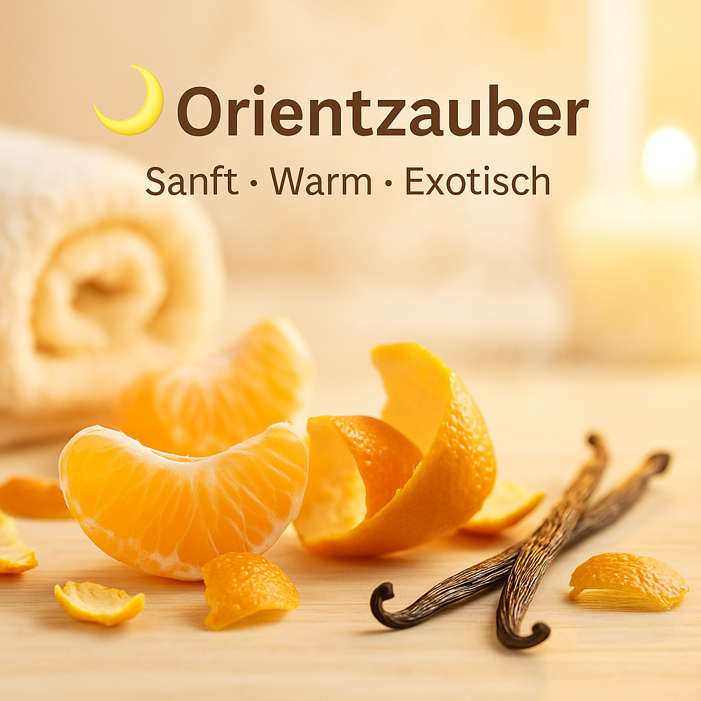Duft Orientzauber als Moodbild in Saunaholzoptik mit Abbildung von Duftbestandteilen