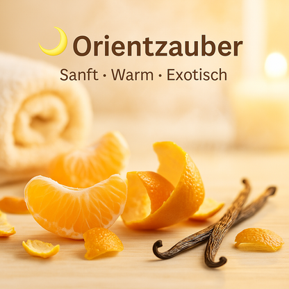 Duft Orientzauber als Moodbild in Saunaholzoptik mit Abbildung von Duftbestandteilen