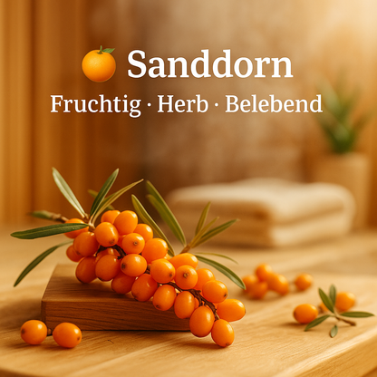 Duft Sanddorn als Moodbild in Saunaholzoptik mit Abbildung von Duftbestandteilen