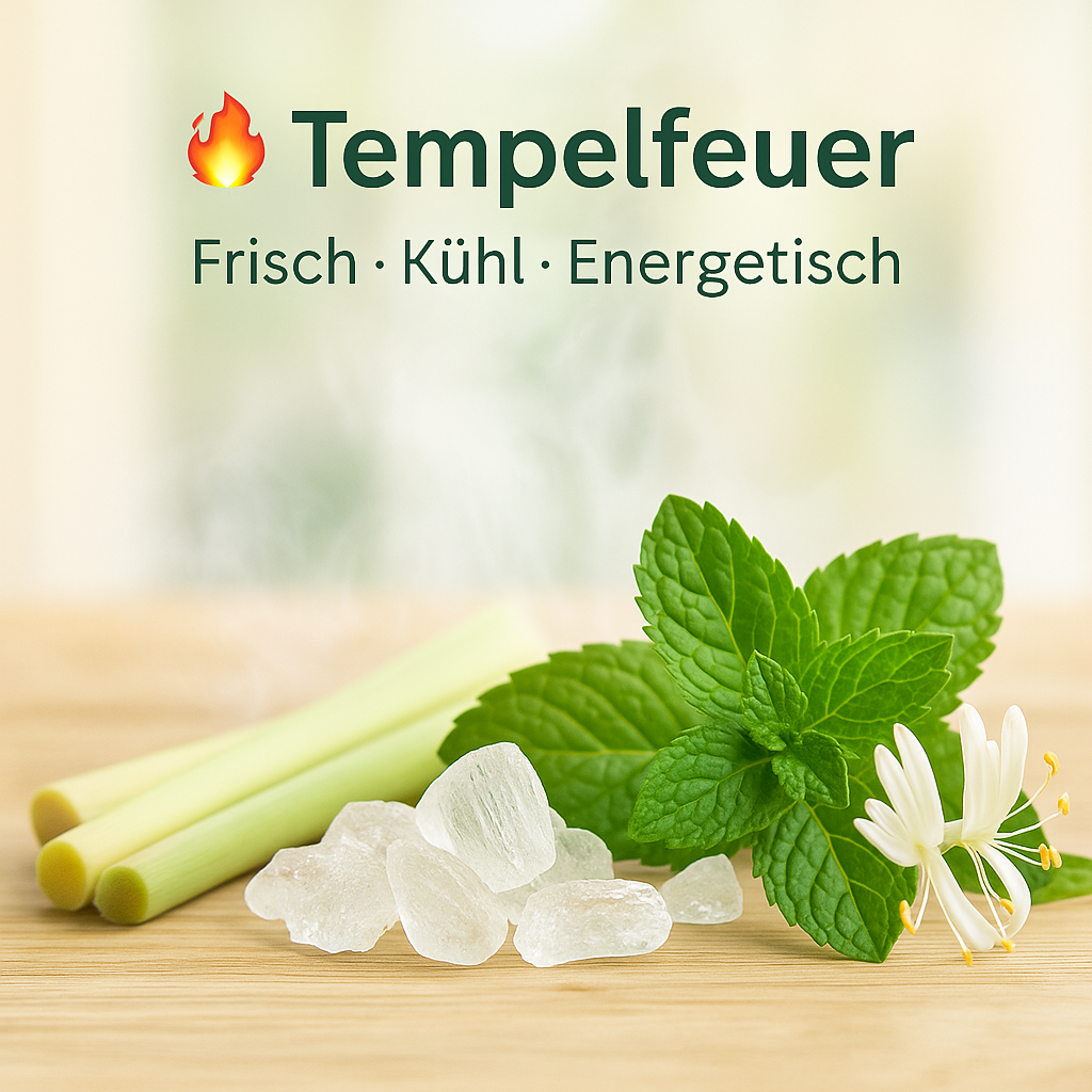 Duft Tempelfeuer als Moodbild in Saunaholzoptik mit Abbildung von Duftbestandteilen