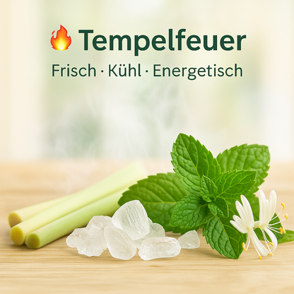 Duft Tempelfeuer als Moodbild in Saunaholzoptik mit Abbildung von Duftbestandteilen