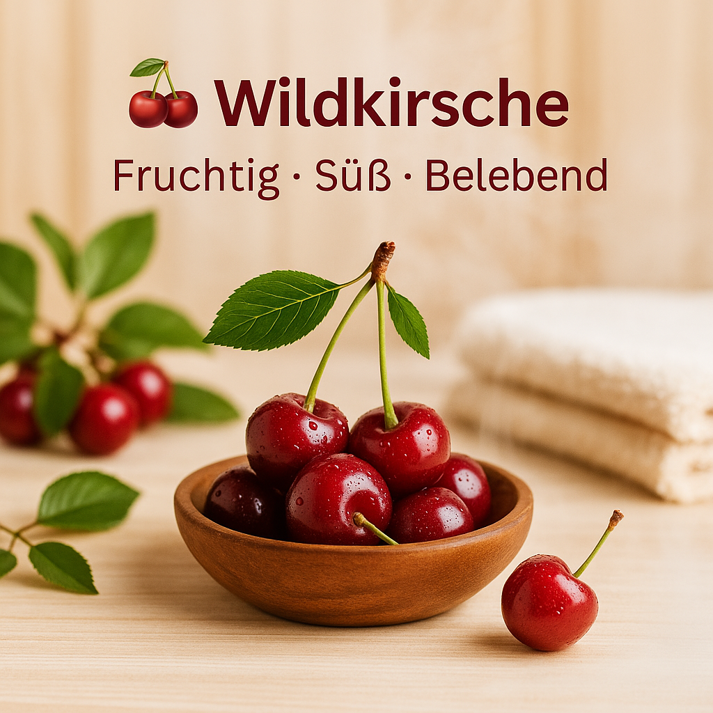 Duft Wildkirsche als Moodbild in Saunaholzoptik mit Abbildung von Duftbestandteilen