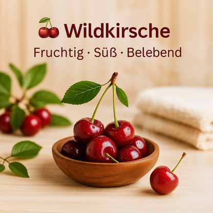 Duft Wildkirsche als Moodbild in Saunaholzoptik mit Abbildung von Duftbestandteilen