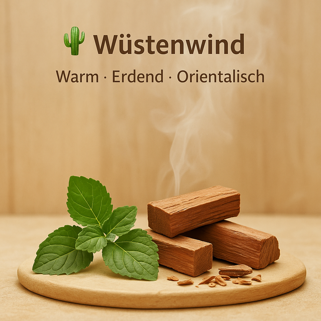 Duft Wüstenwind als Moodbild in Saunaholzoptik mit Abbildung von Duftbestandteilen