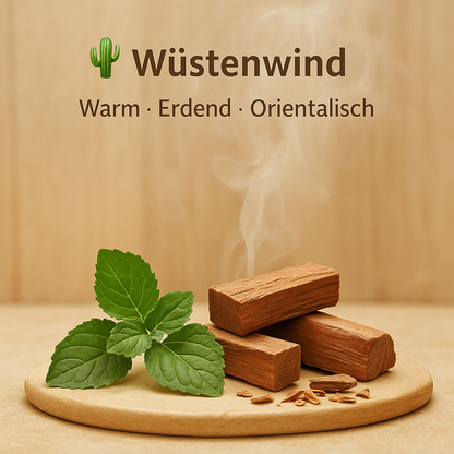 Duft Wüstenwind als Moodbild in Saunaholzoptik mit Abbildung von Duftbestandteilen