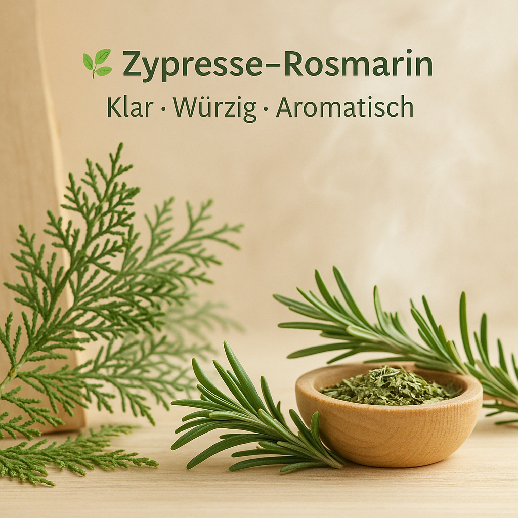 Duft Zypresse-Rosmarin als Moodbild in Saunaholzoptik mit Abbildung von Duftbestandteilen