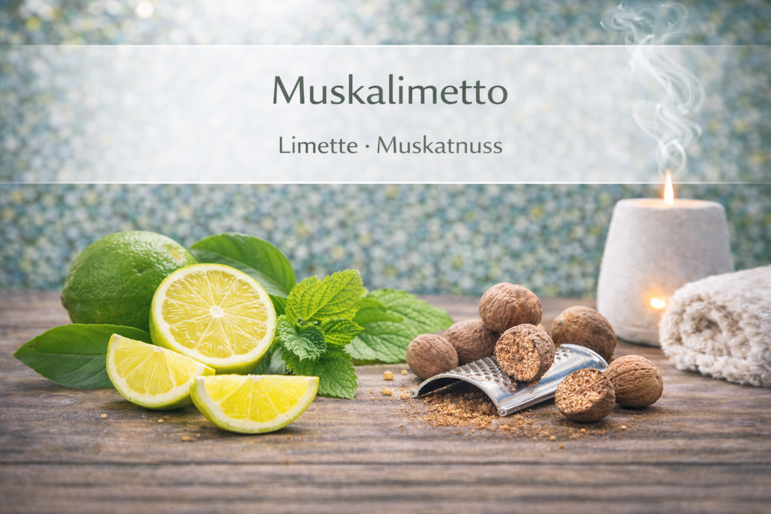 Ätherische Ölmischung Muskalimetto mit Limette und Muskat in Wellness Atmosphäre