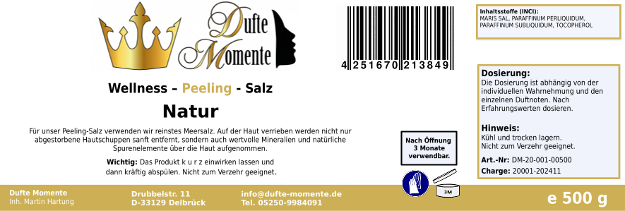 Natur - 500g Salz Körperpeeling, mit BIO-Meersalz