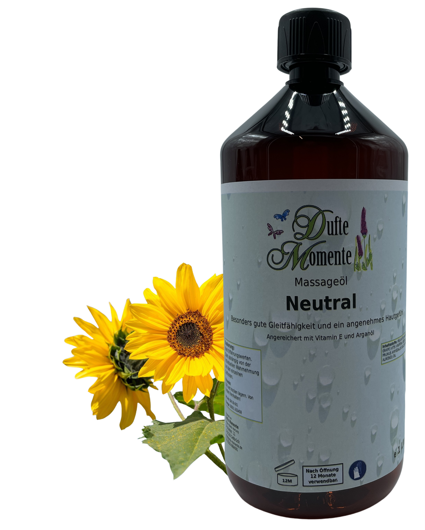 Neutrales Massageöl 1 Liter mit visualisierten Bestandteilen