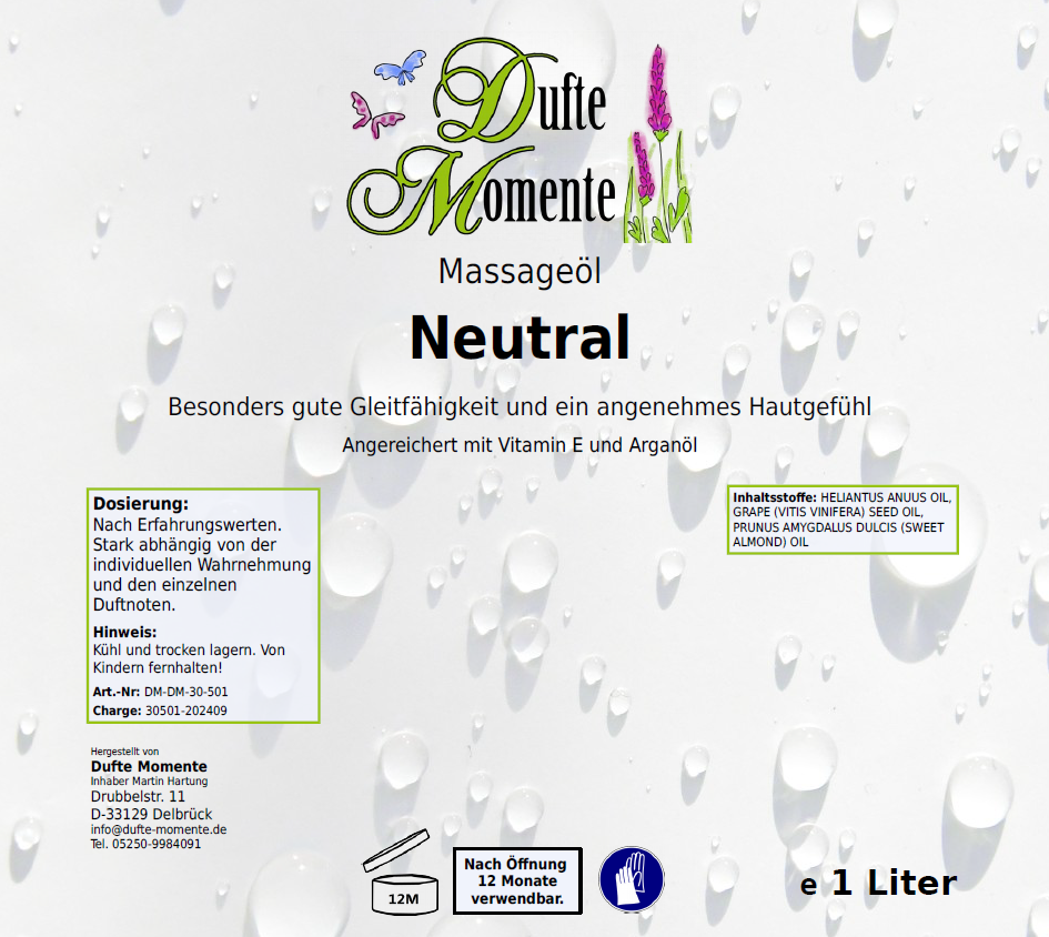 Massageöl-Etikett 1 Liter Neutral