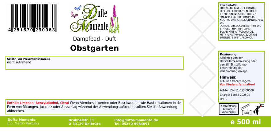 Dampfbadduft Konzentrat Etikett 500 ml Obstgarten