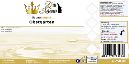 Saunaduft Konzentrat 250 ml Etikett Obstgarten