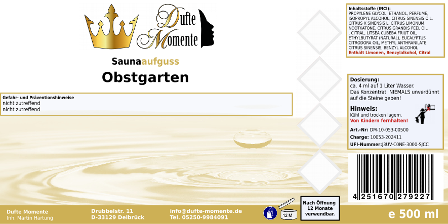 Saunaduft Konzentrat 500 ml Etikett Obstgarten