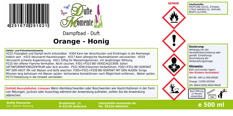 Dampfbadduft Konzentrat Etikett 500 ml Orange - Honig