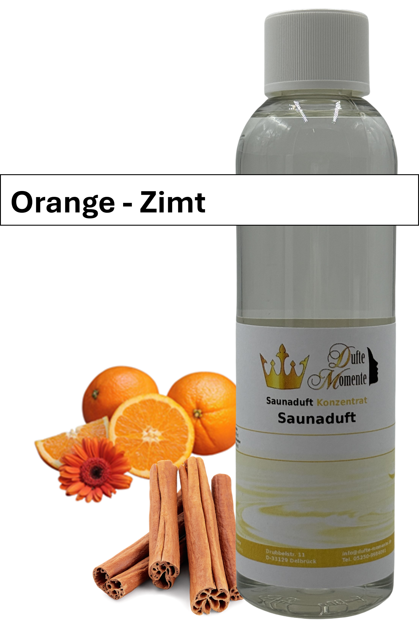 Saunaaufguss orange-zimt in 250ml Flasche mit Duftbanner