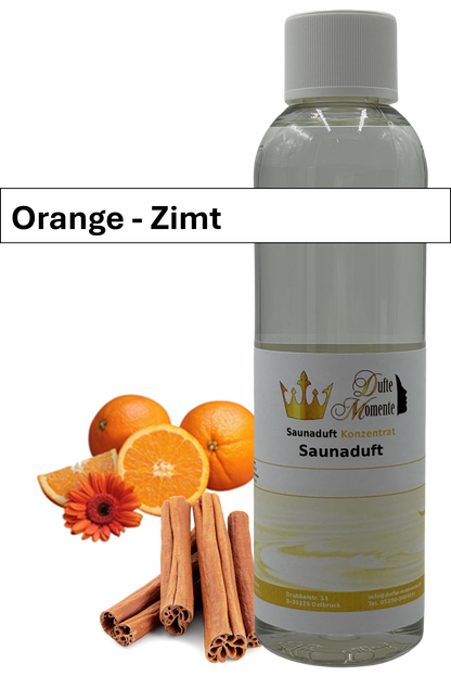 Saunaaufguss orange-zimt in 250ml Flasche mit Duftbanner