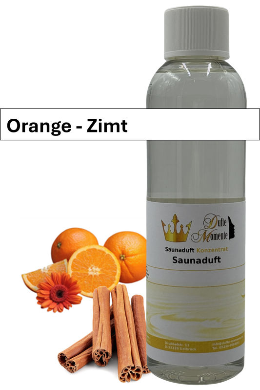 Saunaaufguss orange-zimt in 250ml Flasche mit Duftbanner