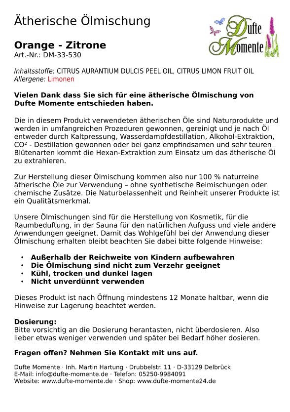 Packungsbeilage ätherische Ölmischung Orange-Zitrone Dufte Momente mit Inhaltsstoffen Anwendung und Sicherheitshinweisen