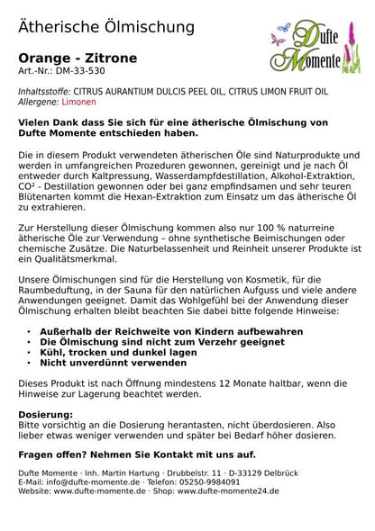 Packungsbeilage ätherische Ölmischung Orange-Zitrone Dufte Momente mit Inhaltsstoffen Anwendung und Sicherheitshinweisen
