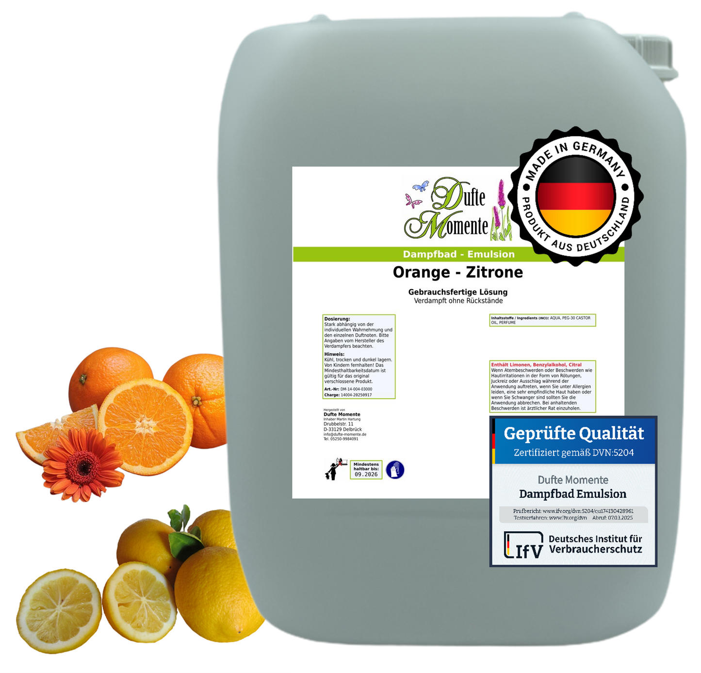 Dampfbad-Emulsion Orange-Zitrone | Gebrauchsfertig & DVN-Zertifiziert für Dein Home-Spa | 3L, 5L, 10L