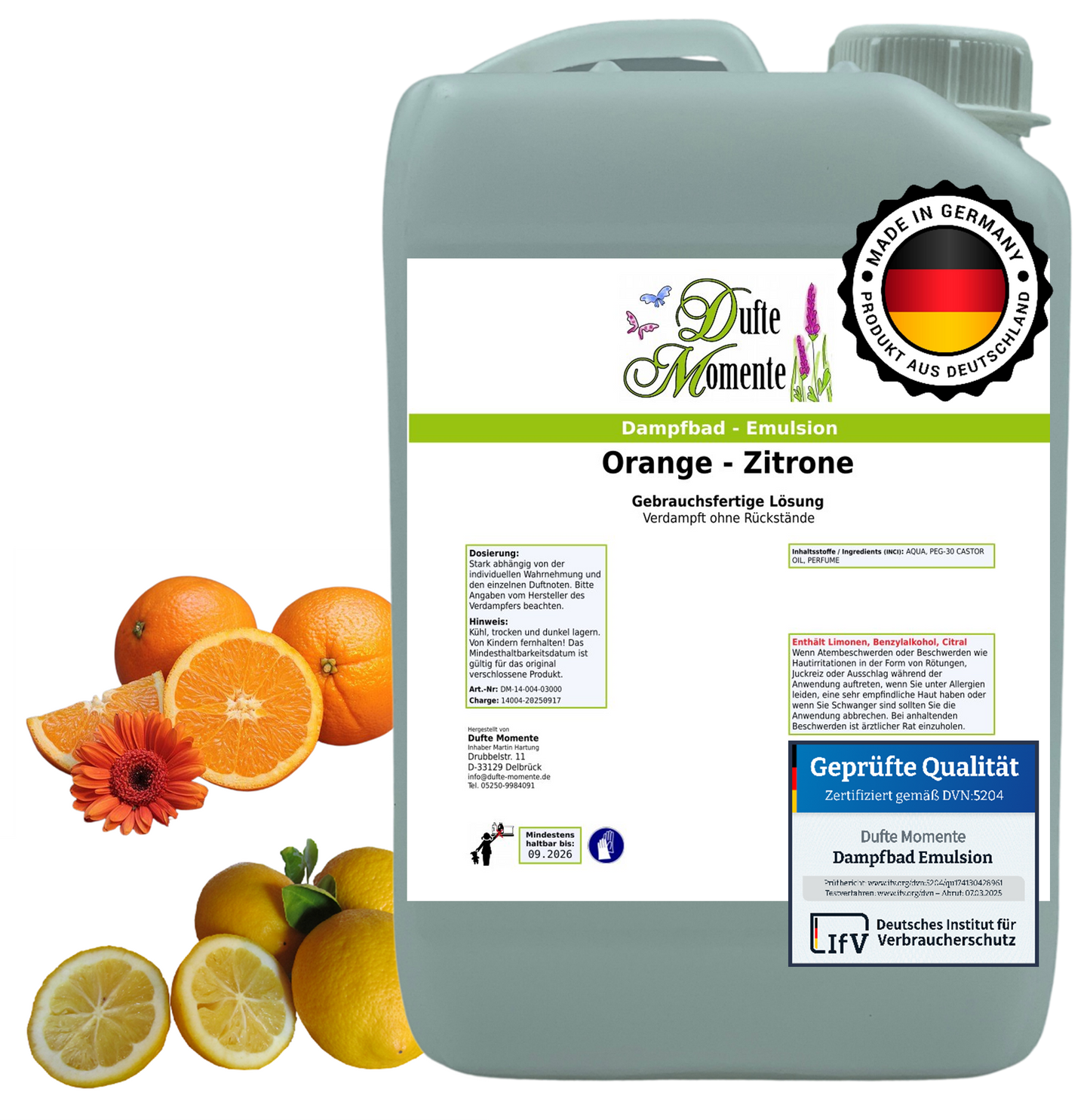 Dampfbad-Emulsion Orange-Zitrone | Gebrauchsfertig & DVN-Zertifiziert für Dein Home-Spa | 3L, 5L, 10L