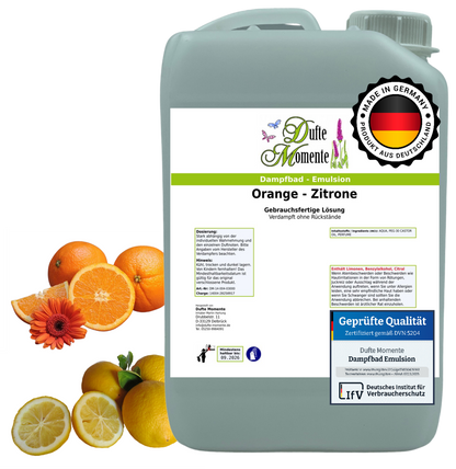 Dampfbad-Emulsion Orange-Zitrone | Gebrauchsfertig & DVN-Zertifiziert für Dein Home-Spa | 3L, 5L, 10L