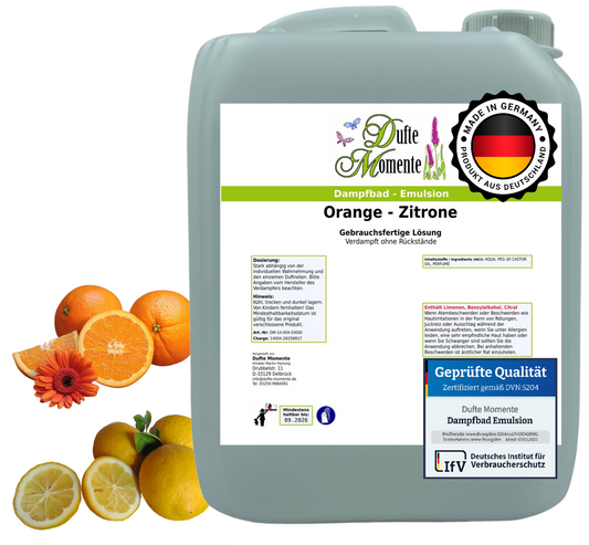 Dampfbad-Emulsion Orange-Zitrone | Gebrauchsfertig & DVN-Zertifiziert für Dein Home-Spa | 3L, 5L, 10L
