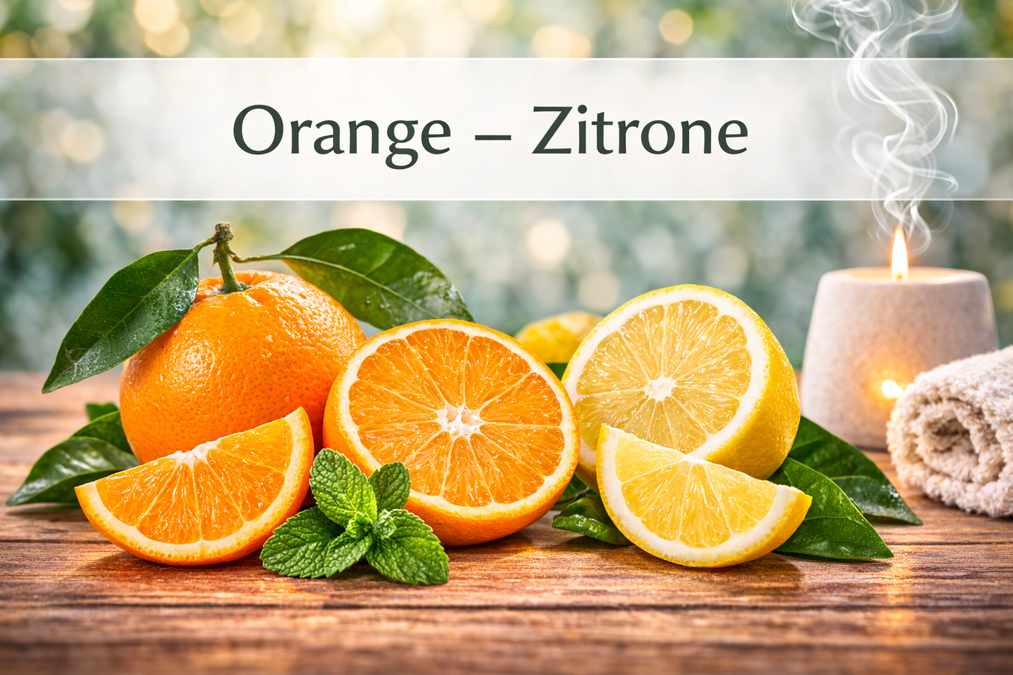 Ätherische Ölmischung Orange Zitrone mit Zitrusfrüchten in Wellness Atmosphäre