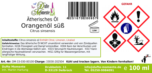 Ätherisches Öl Etikett 100 ml Orangenöl süß