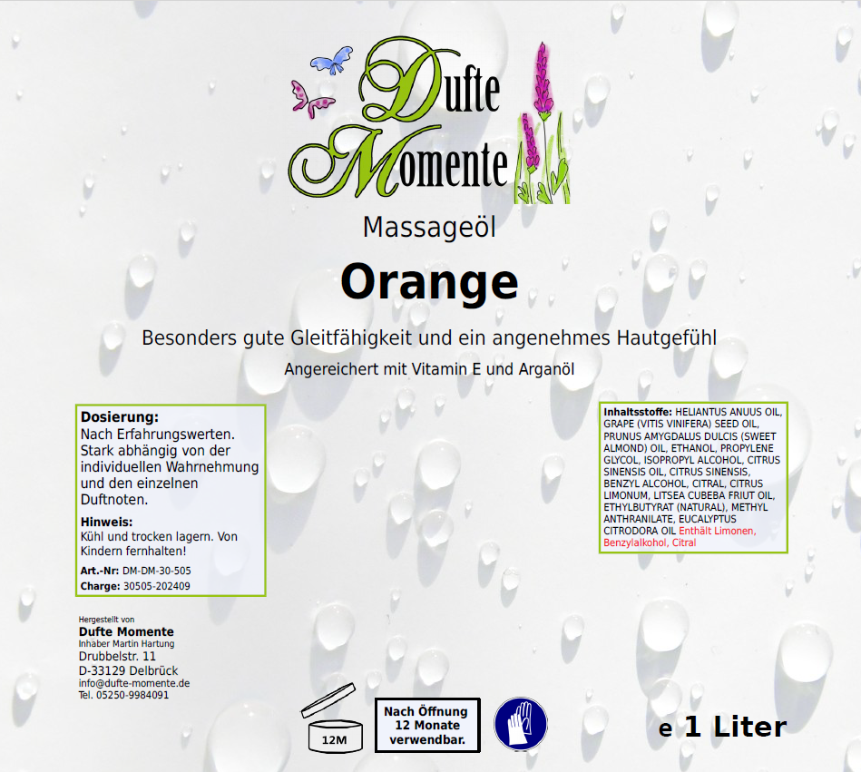 Massageöl-Etikett 1 Liter Orange