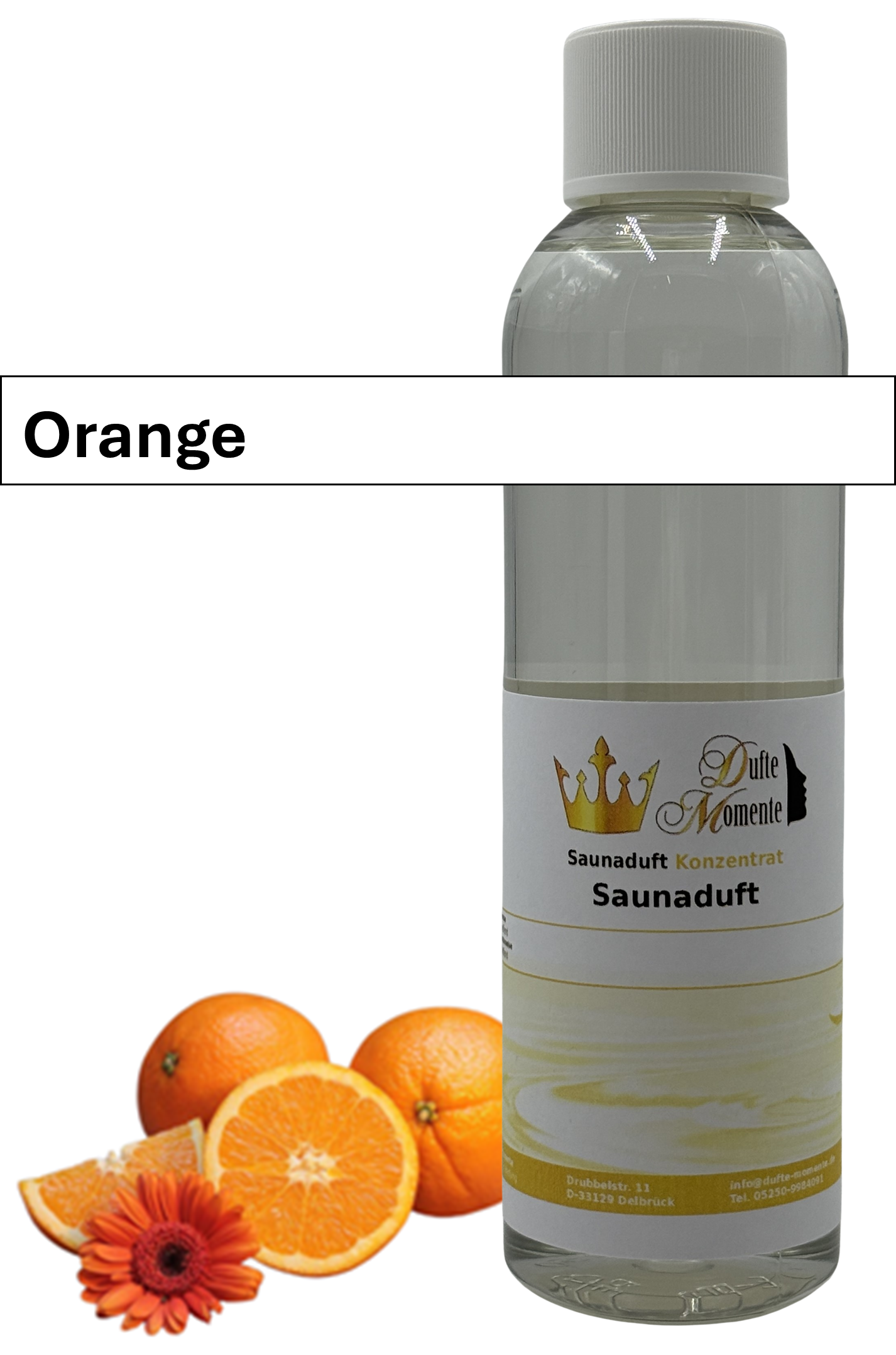 Saunaaufguss Orange in 250ml Flasche mit Duftbanner
