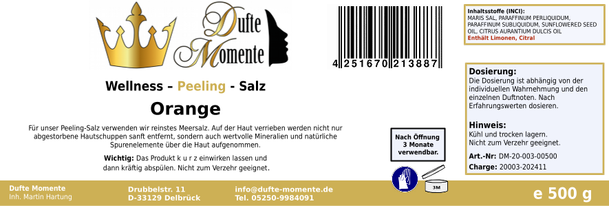Orange - 500g Salz Körperpeeling, mit BIO-Meersalz