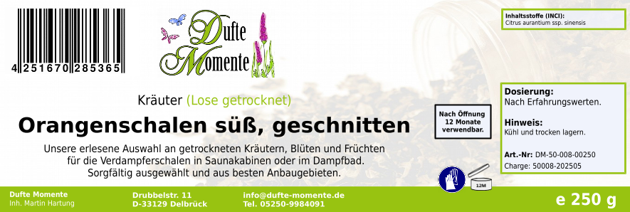 Getrocknete Kräuter Etikett 250g Orangenschalen süß, geschnitten