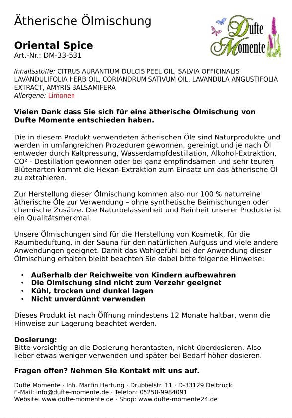 Packungsbeilage ätherische Ölmischung Oriental Spice Dufte Momente mit Inhaltsstoffen Anwendung und Sicherheitshinweisen