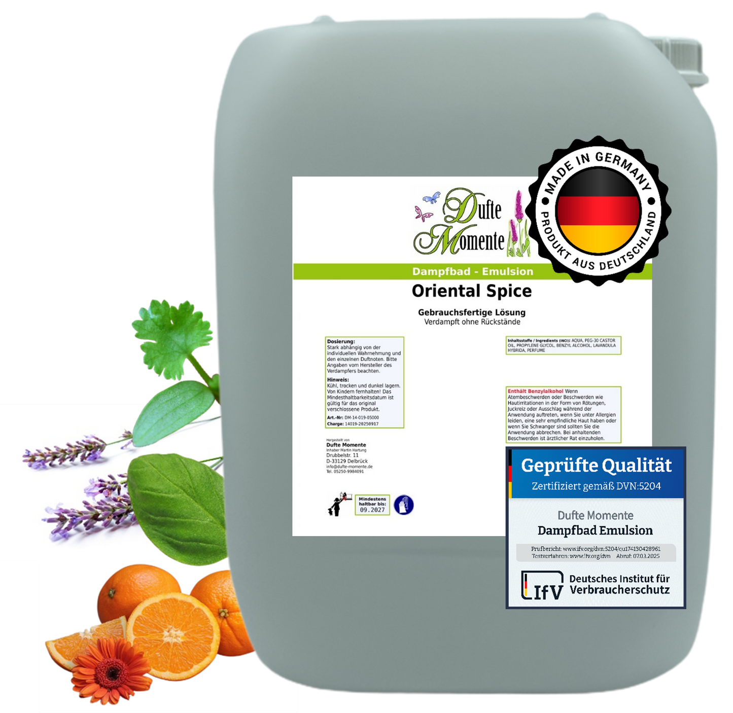 Dampfbad-Emulsion Oriental Spice (Zimtblätter, Sandelholz, Basilikum, Orange, Lavendel) | Gebrauchsfertig & DVN-Zertifiziert für Dein Home-Spa | 3L, 5L, 10L