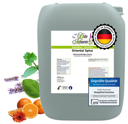 Dampfbad-Emulsion Oriental Spice (Zimtblätter, Sandelholz, Basilikum, Orange, Lavendel) | Gebrauchsfertig & DVN-Zertifiziert für Dein Home-Spa | 3L, 5L, 10L