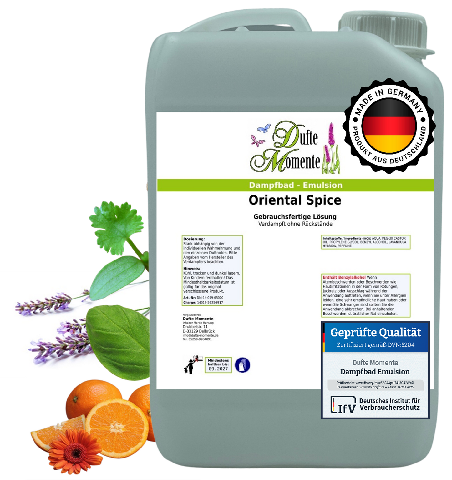 Dampfbad-Emulsion Oriental Spice (Zimtblätter, Sandelholz, Basilikum, Orange, Lavendel) | Gebrauchsfertig & DVN-Zertifiziert für Dein Home-Spa | 3L, 5L, 10L