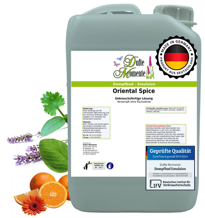 Dampfbad-Emulsion Oriental Spice (Zimtblätter, Sandelholz, Basilikum, Orange, Lavendel) | Gebrauchsfertig & DVN-Zertifiziert für Dein Home-Spa | 3L, 5L, 10L