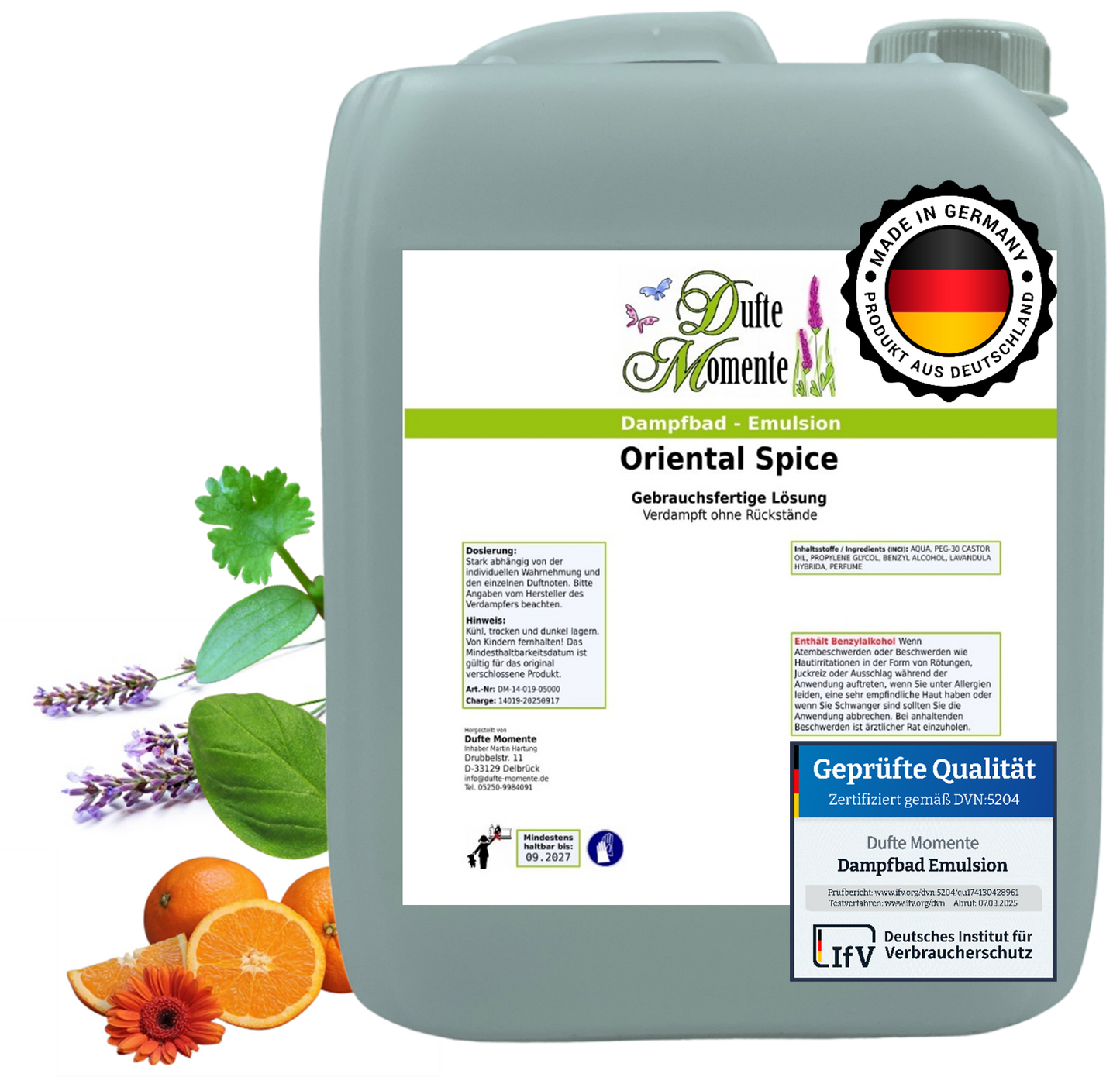 Dampfbad-Emulsion Oriental Spice (Zimtblätter, Sandelholz, Basilikum, Orange, Lavendel) | Gebrauchsfertig & DVN-Zertifiziert für Dein Home-Spa | 3L, 5L, 10L