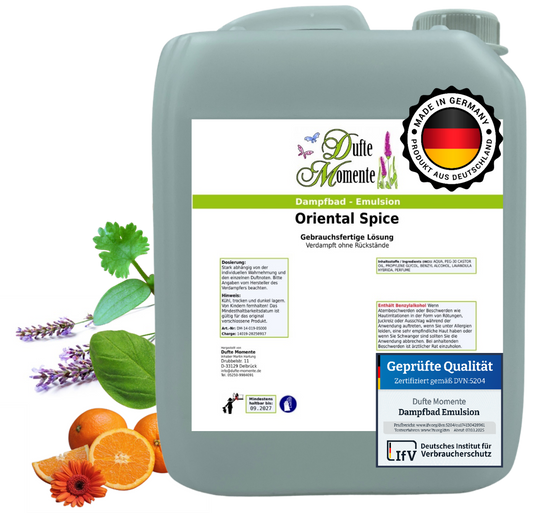 Dampfbad-Emulsion Oriental Spice (Zimtblätter, Sandelholz, Basilikum, Orange, Lavendel) | Gebrauchsfertig & DVN-Zertifiziert für Dein Home-Spa | 3L, 5L, 10L