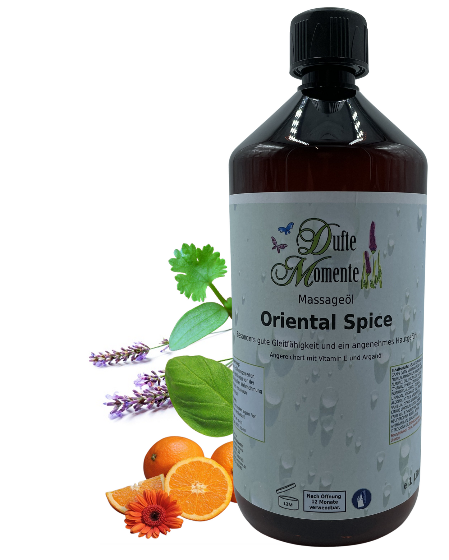 Massageöl 1 Liter Oriental Spice mit visualisierten Bestandteilen