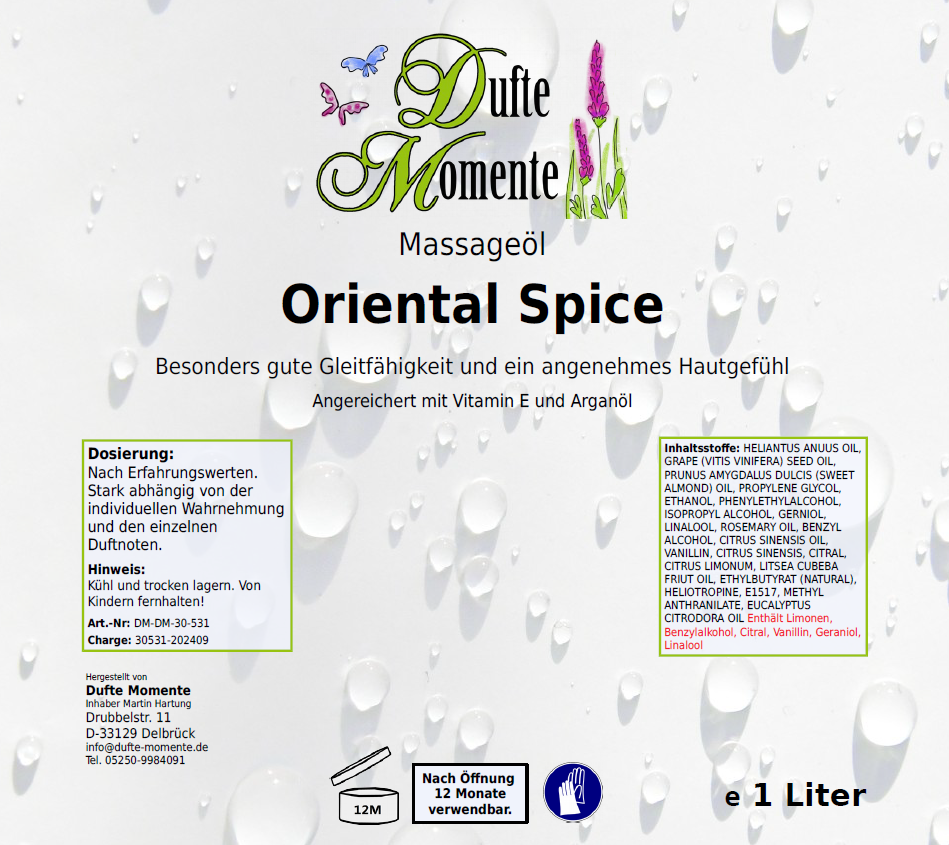 Massageöl-Etikett 1 Liter Oriental Spice