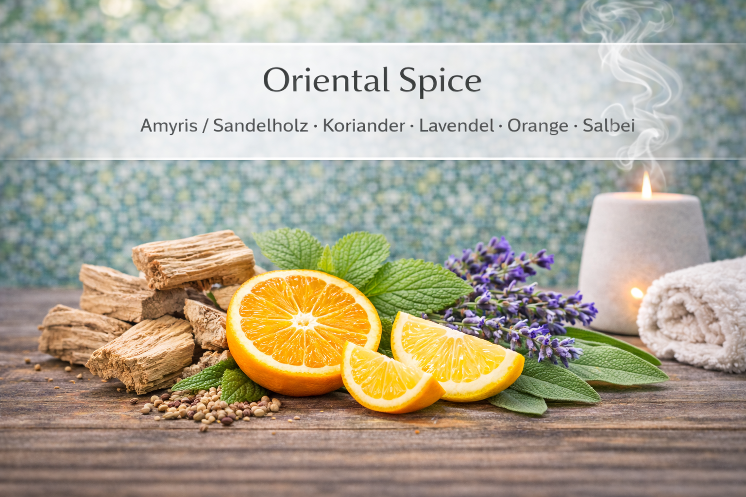 Ätherische Ölmischung Oriental Spice mit Gewürzen und Orange in Wellness Atmosphäre