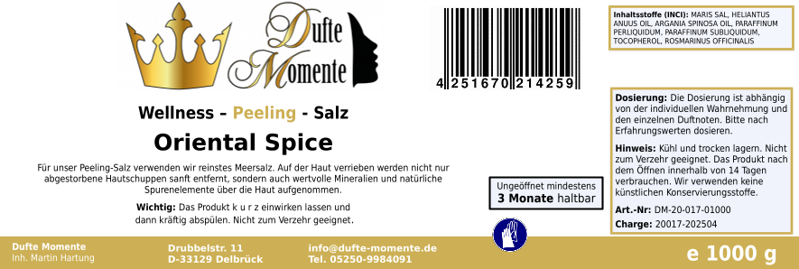 Oriental Spice (Basilikum, Koriander, Lavendel, Orange, Salbei, Sandelholz, Ylang Ylang, Zimtblätter) - 1 kg Salz Körperpeeling, mit BIO-Meersalz