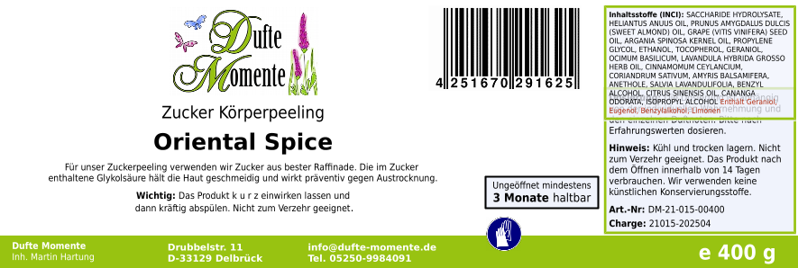 Oriental Spice (Basilikum, Koriander, Lavendel, Orange, Salbei, Sandelholz, Ylang Ylang, Zimtblätter) - 400g Zucker Körperpeeling, für empfindliche Haut