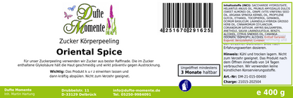 Oriental Spice (Basilikum, Koriander, Lavendel, Orange, Salbei, Sandelholz, Ylang Ylang, Zimtblätter) - 400g Zucker Körperpeeling, für empfindliche Haut