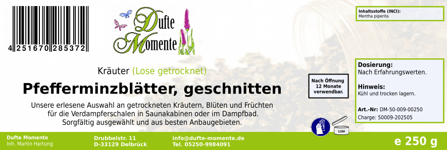 Getrocknete Kräuter Etikett 250g Pfefferminzblätter, ganz
