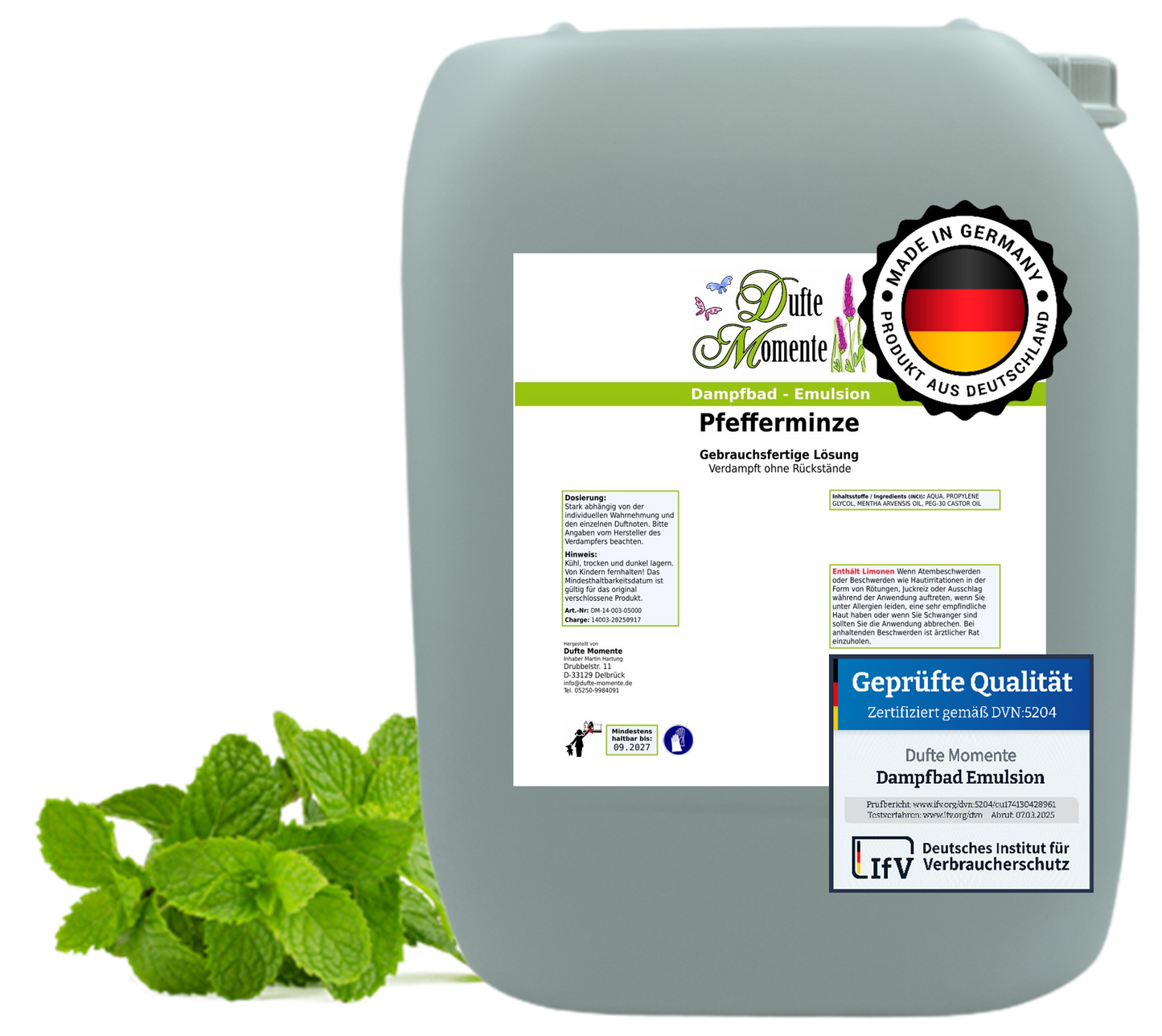 Dampfbad-Emulsion Pfefferminz | Gebrauchsfertig & DVN-Zertifiziert für Dein Home-Spa | 3L, 5L, 10L